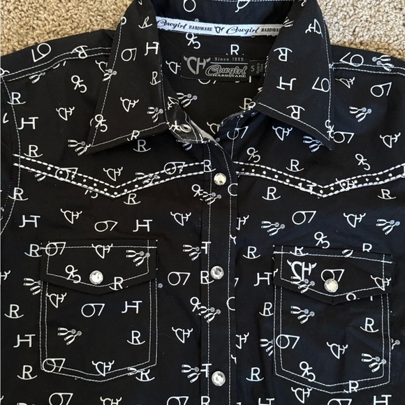 Cowgirl Hardware Tops - Rhinestone Snap Iron Brand Print Western Shirt